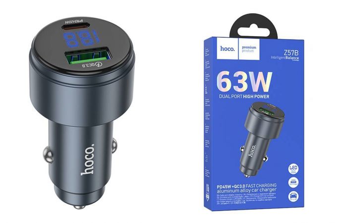 Автомобильное зарядное устройство АЗУ USB + USB-C HOCO Z57B Glorious 63W dual-port digital display PD45W+QC3.0 (серый)