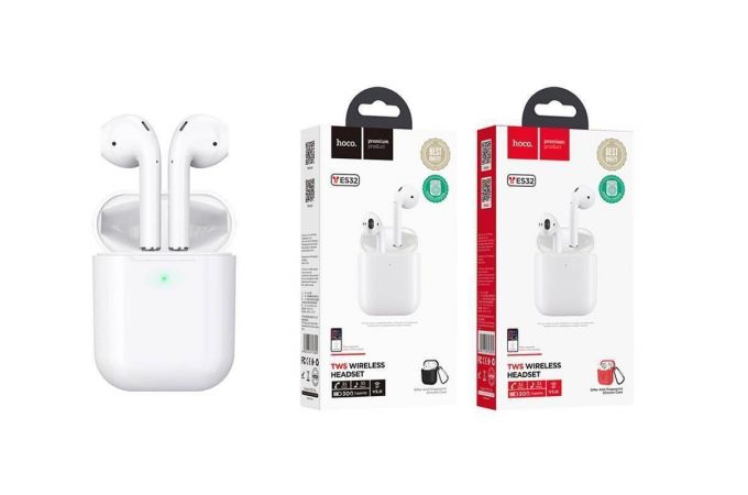 Наушники вакуумные беспроводные HOCO ES32 Original series apple wireless headset Bluetooth (белый) (Черный силиконовый чехол)