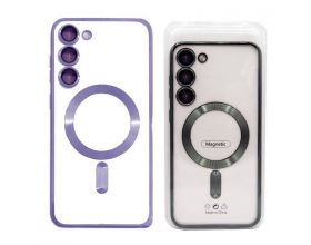 Чехол для Samsung S23 Plus с металлизированным фиолетовым бампером и защитой камер MagSafe (прозрачный)