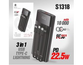 Универсальный дополнительный аккумулятор Power Bank Deespi DP22 10000mAh PD20W/Fast 22.5W/Display/с проводами (Black)