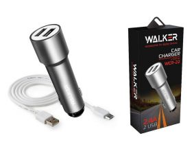 Автомобильное зарядное устройство АЗУ 2USB + кабель MicroUSB WALKER WCR-22, 2.4А, 12Вт, удлиненный корпус, серое