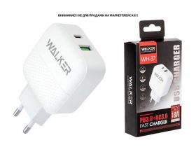 Сетевое зарядное устройство USB + USB-C WALKER WH-37, 3А, 18Вт,  быстрая зарядка QC 3.0+PD, белое
