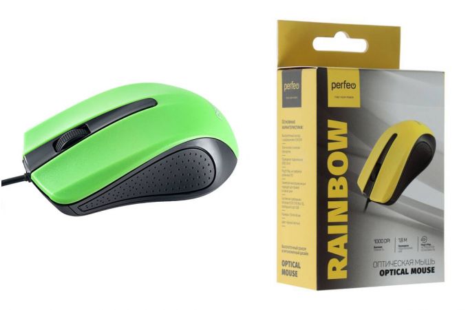 Мышь проводная Perfeo "RAINBOW", 3 кн, USB, (черно-зеленый)