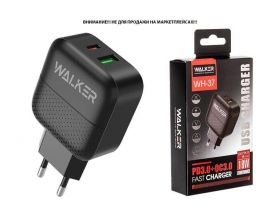 Сетевое зарядное устройство USB + USB-C WALKER WH-37, 3А, 18Вт, быстрая зарядка QC 3.0+PD, черное