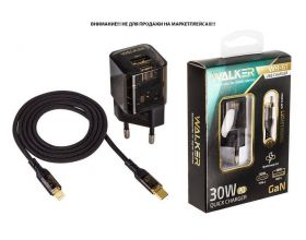Сетевое зарядное устройство USB + USB-C + кабель Lightning - Type-C WALKER WH-61 GaN, 3А, 30Вт, USBx1/Type-Cx1, быстрая зарядка QC 3.0+PD