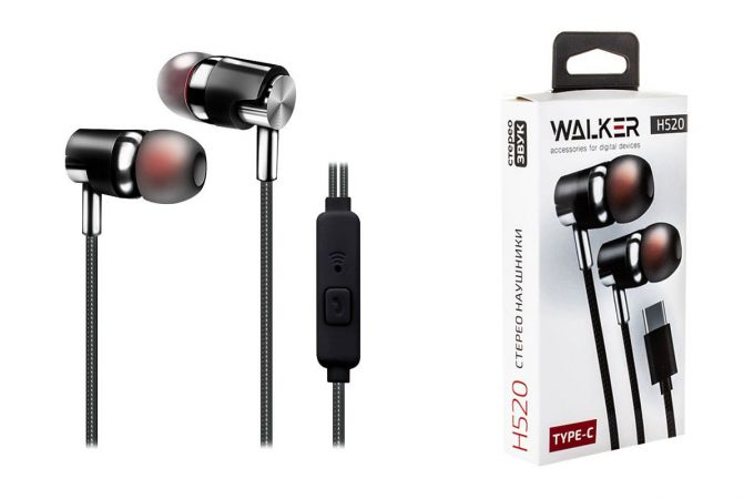 Наушники вакуумные проводные WALKER H520, TYPE-C, микрофон, кнопка ответа, черные